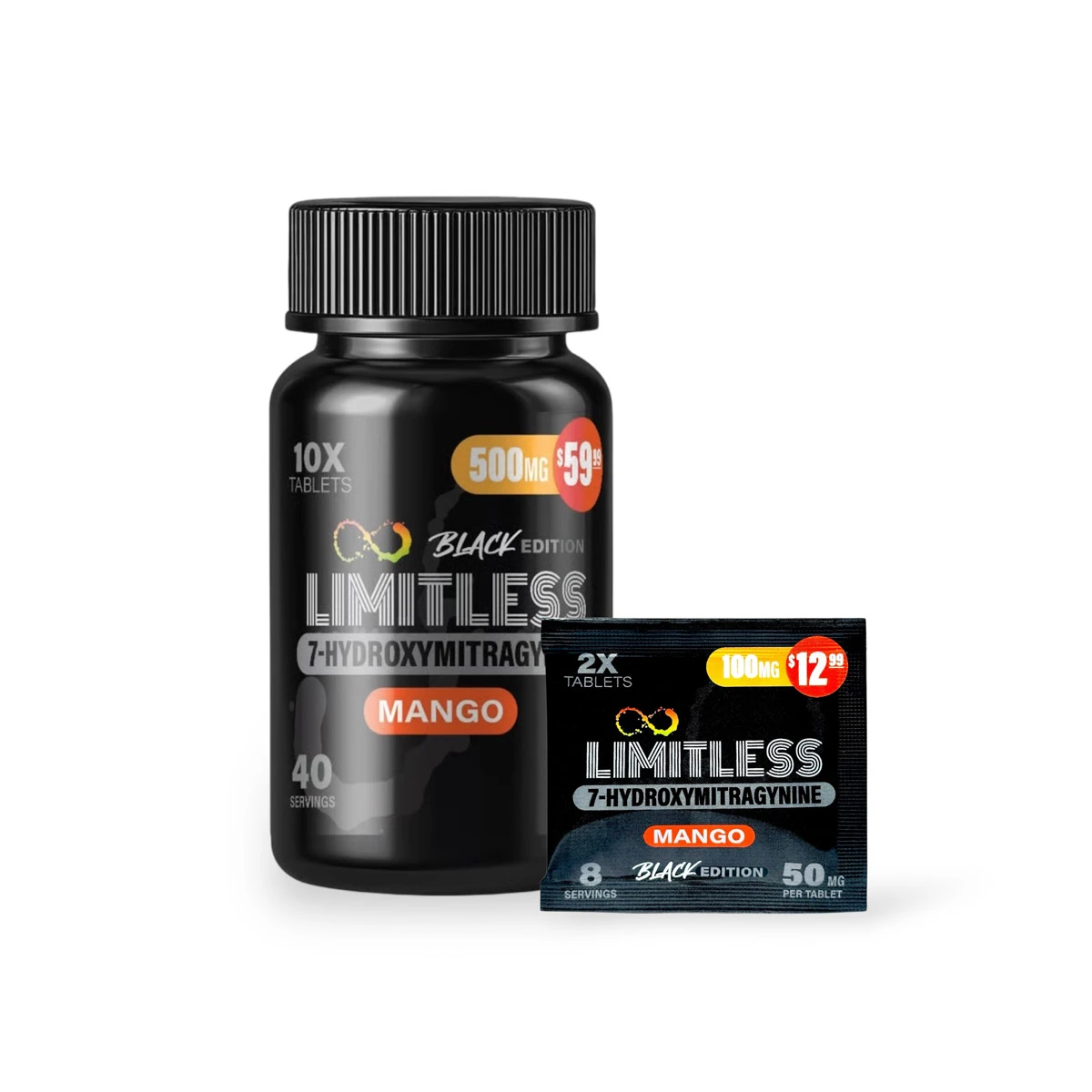 Limitless Black Edition 7 Hydroxymitragynine Tablets Mango 50mg Per Tablet Set 46480